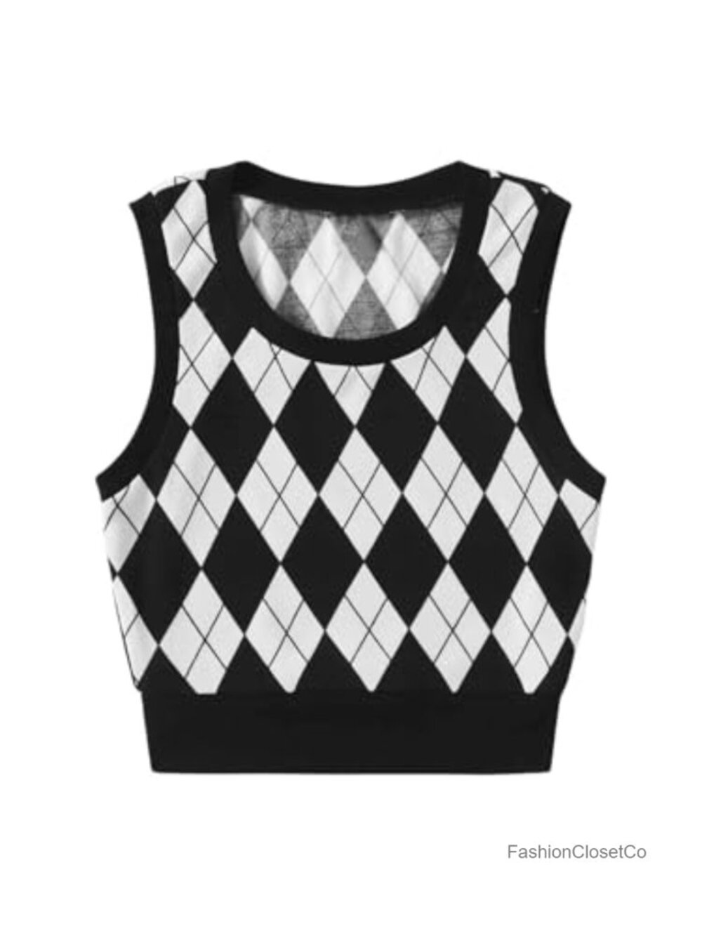 Argyle Pattern Knit Sweater Vest Crop Top Sleeveless Crew Neck Pullover